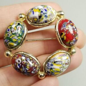 Vintage Colorful Cabochon Circle Brooch, Red Green White, Retro Estate Lapel Pin